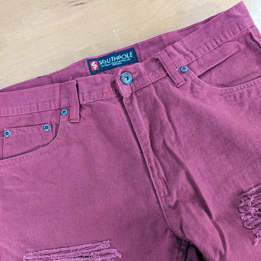 Southpole Men's Size 34x34 Burgundy Rock Style Distressed‎ Denim Jeans